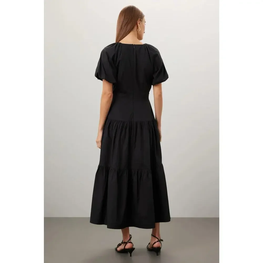 Club Monaco Smocked Tiered Dress Short Puff Sleeve V-Neck Maxi A-Line Black 2